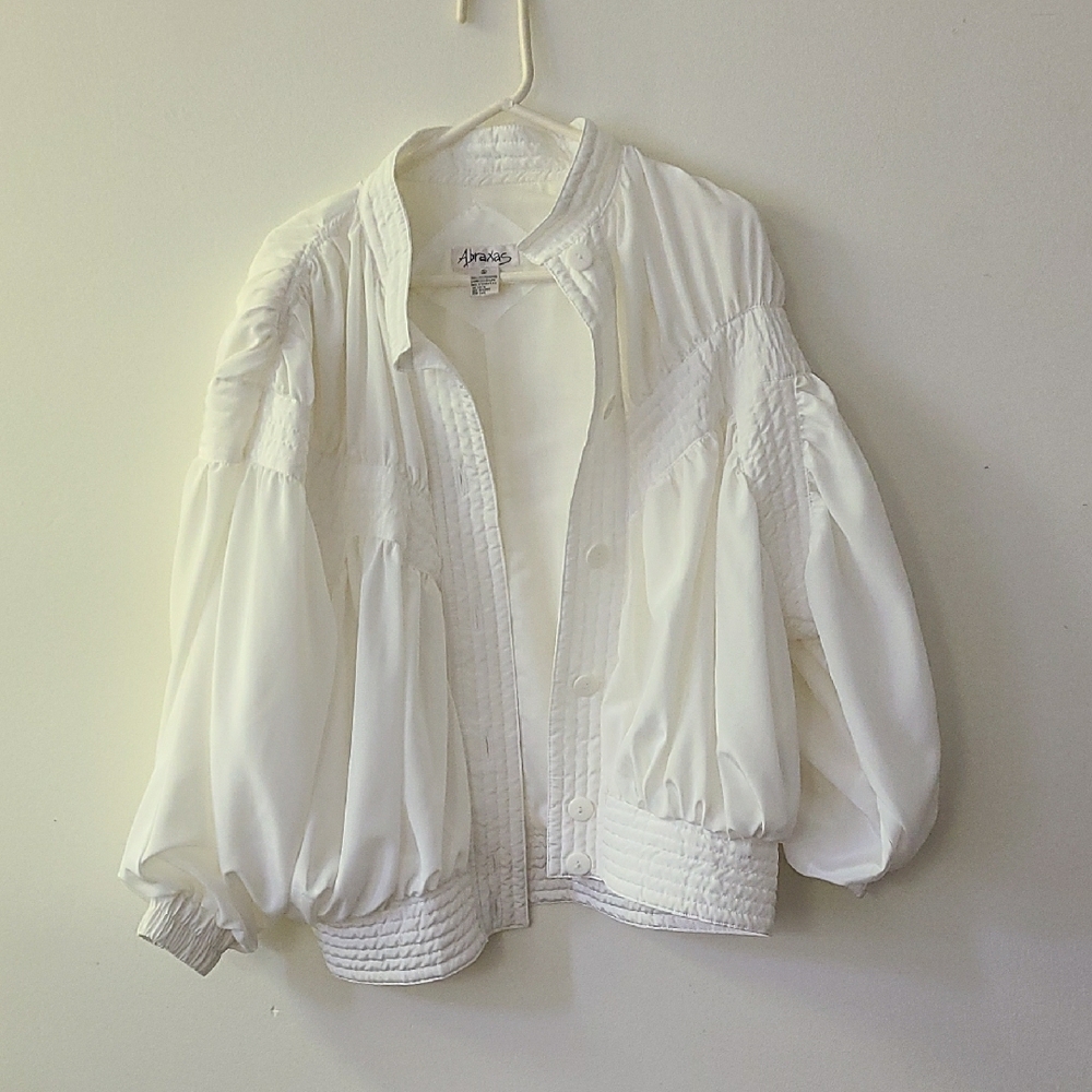 Vintage Abraxas White Cropped Bomber Jacket with Ruffled Details